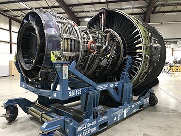 A Boeing 787 Dreamlinger engine pictured without it's covering. The engine was donated in fall of 2019 to Spokane Community College.
