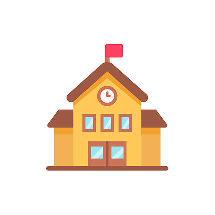 An illustration of a school house. It is brown with a red flag on top.