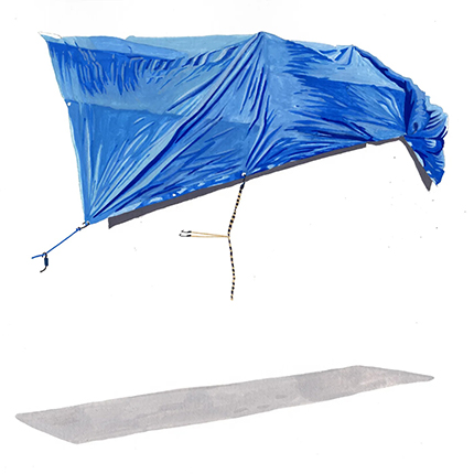 Artwork of a blue trap hanging in the air by artist JoEllen Wang