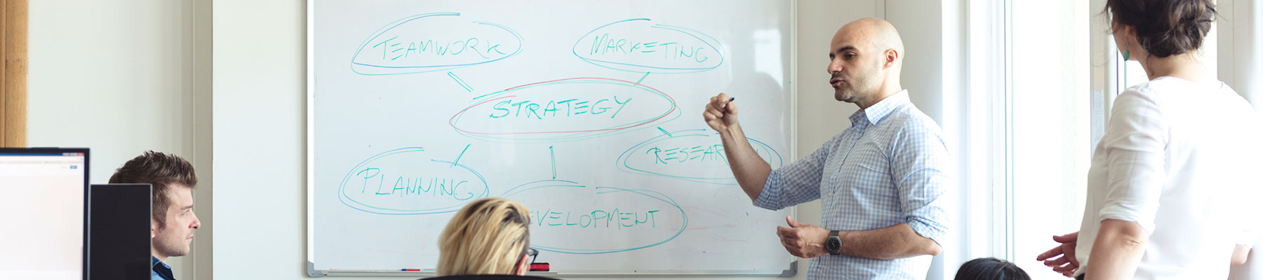 Brainstorm meeting in front of a whiteboard