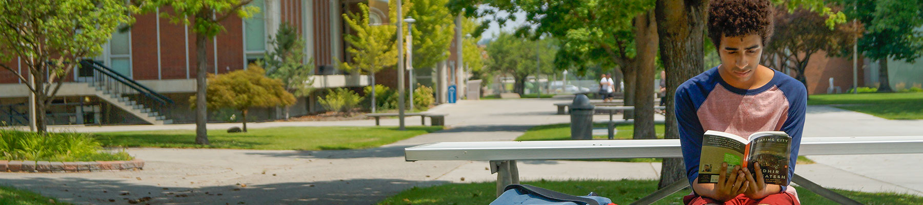 Male student on campus reading at table