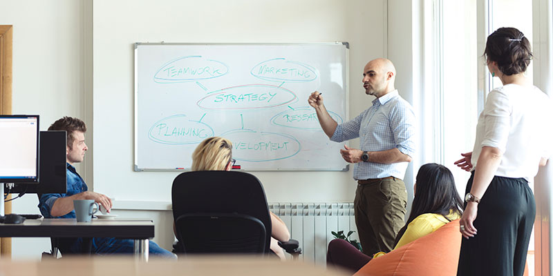 Brainstorm meeting in front of a whiteboard