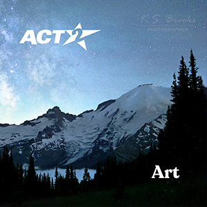 A mountain range with trees and stars with ACT 2 logo