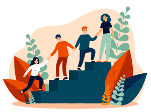 Illustrated people climbing up steps and helping each other