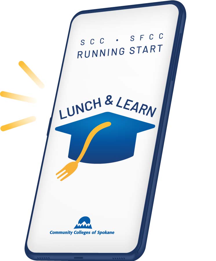 A smartphone with a graduation cap with a fork tassle advertising Lunch & Learn.