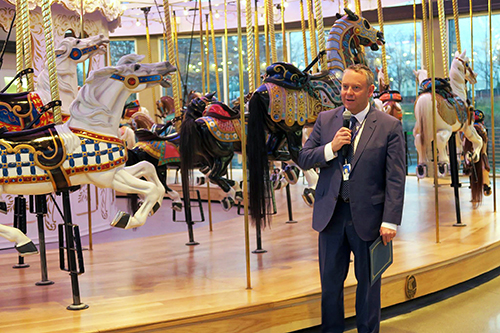 Mayor David Condon speaking at the Looff Carrousel Riverfront Park, Downtown Spokane