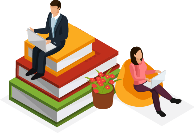 Illustrated people sitting on oversized books and studying on laptops