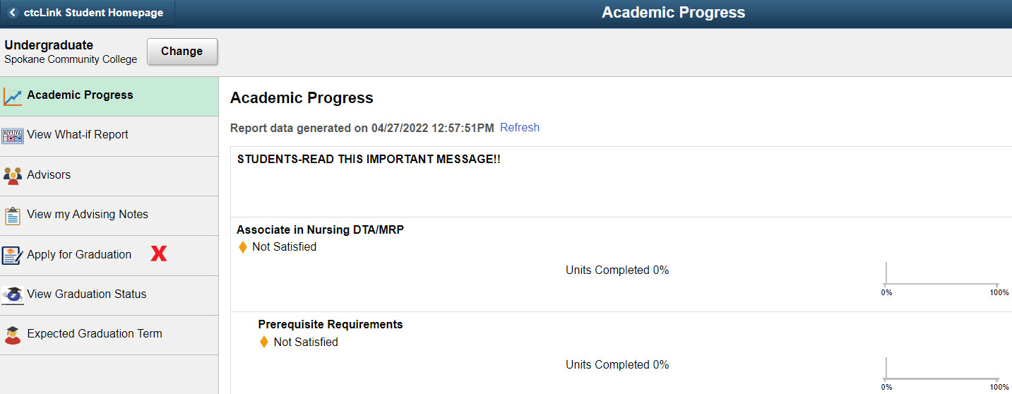 Screen shot of ctcLink Student Homepage Academic Progress with the words Apply for Graduation highlighted in yellow.