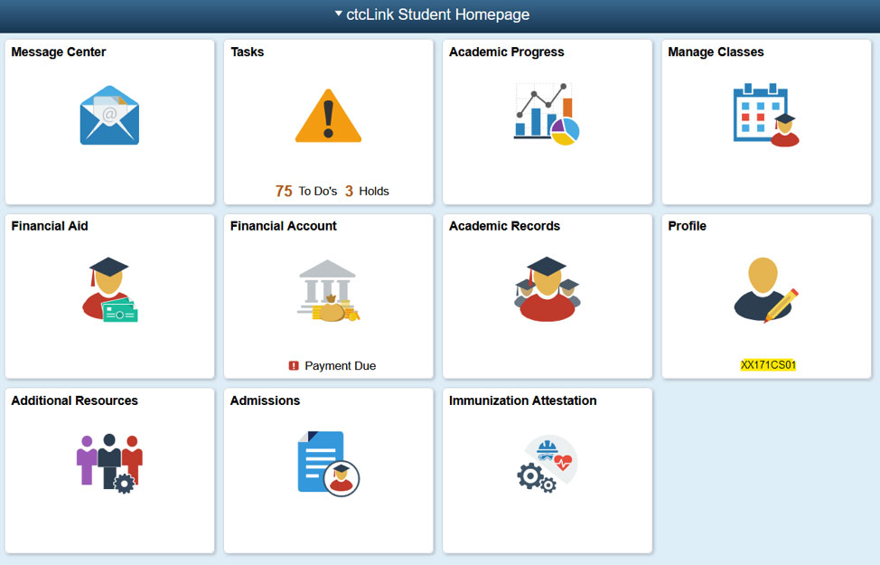 screen shot of ctcLink Student Homepage with Profile highlighted