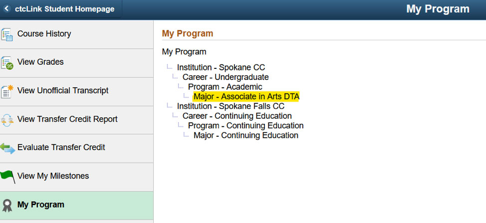 screenshot of ctcLink Student Homepage My Program page