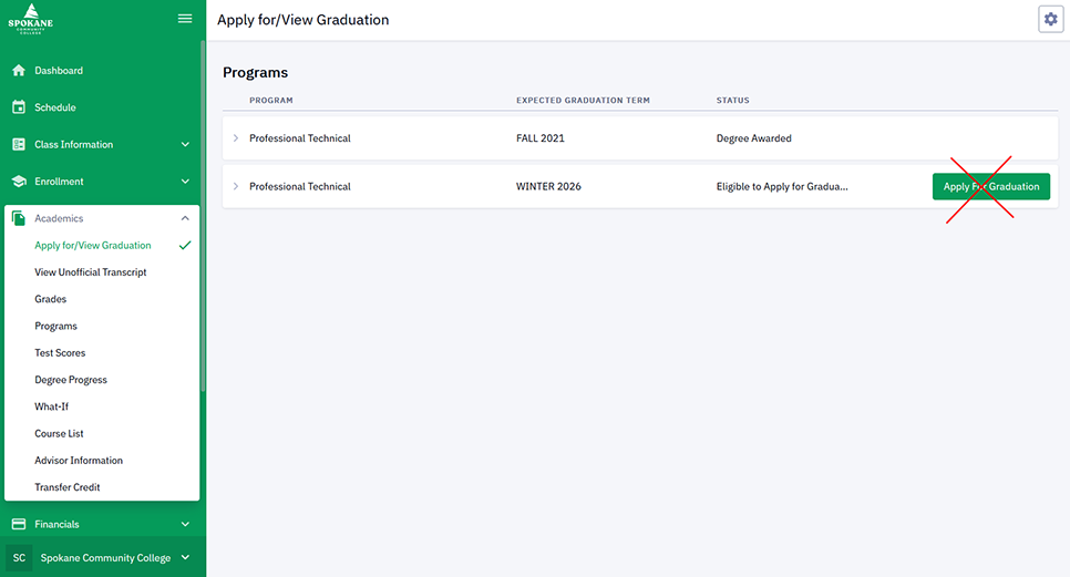 ctcLink Apply for/View Graduation screenshot