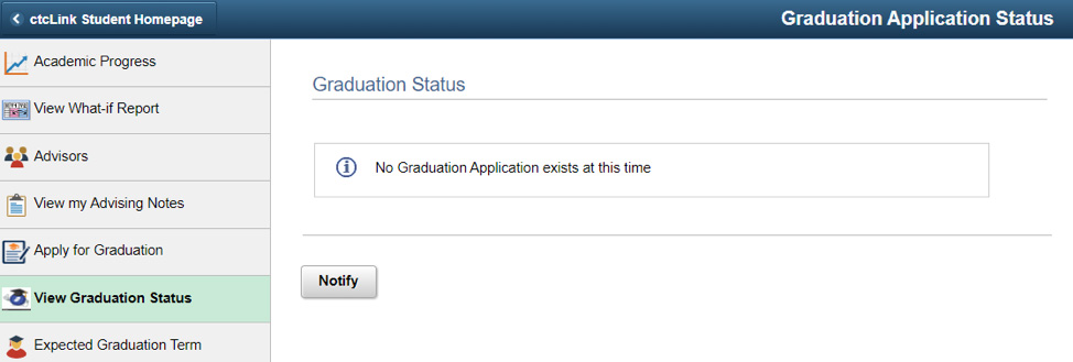 sheet shot of ctclink student homepage displaying a students graduation status