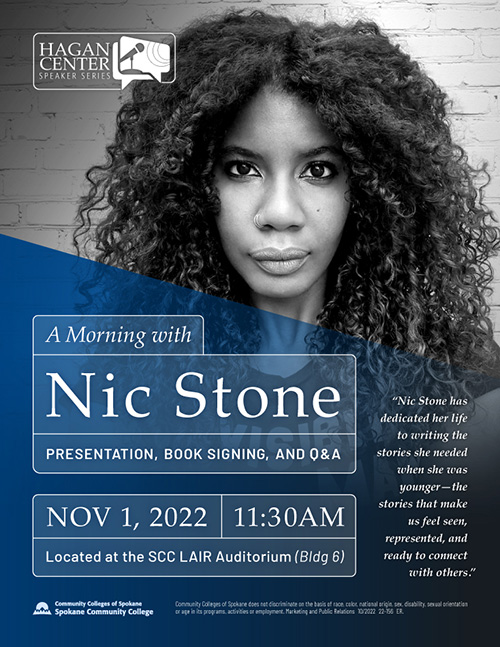 “A Morning with author Nic Stone,” Hagan Center presentation flyer. Presentation will be held at SCC LAIR Auditorium, November 1 at 11:30 a.m.