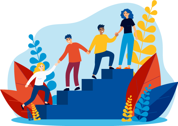 Illustrated people climbing a set of stairs.