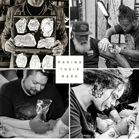 Image is divided into four black and white images of four SFCC Fine Arts graduates “Making Their Mark” as professional tattoo artists. In the center of the image is the text “Making Their Mark.”