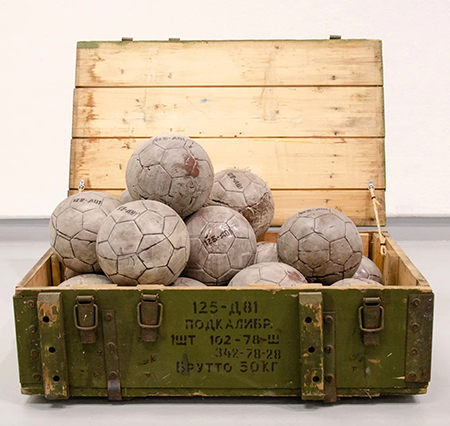 Artwork by Sasha Barret - Ukrainian Childhood, 2023, Terracotta, slip, glaze, wood, rope, metal.