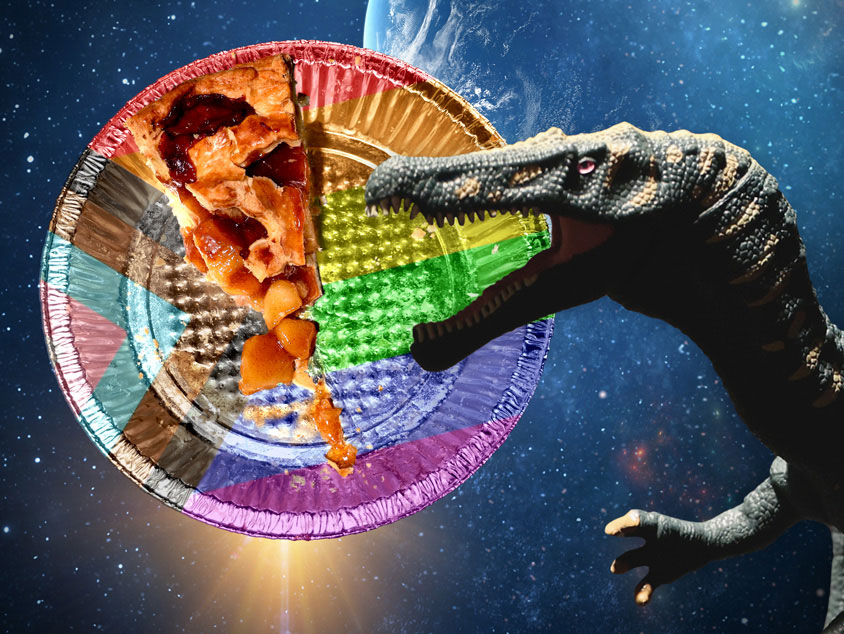A dinosaur standing in the foreground of a starry night sky with a pie plate in the sky.