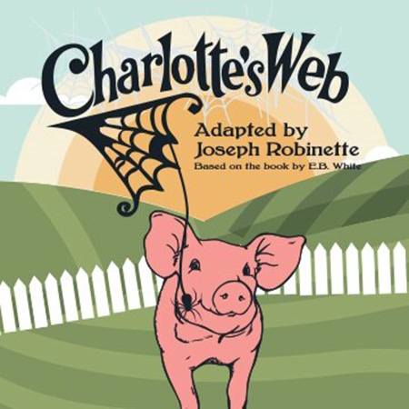 Charlotte’s Web logo. A pig standing in front of a white fence. A spider hangs by the pig’s mouth.