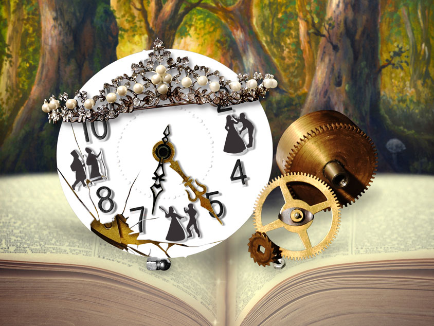 Forest background with an open book spanning the bottom of the image. Above the open book is a broken clock face and 3 clock gears to the right side of the clock face. The face of the clock has figures of people at the 3, 6, and 9 o’clock positions. A tiara covers the top of the clock face.