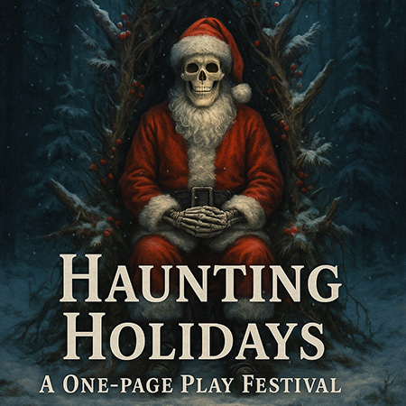 Haunting Holidays A one-page play festival show poster of a skeleton Santa Claus