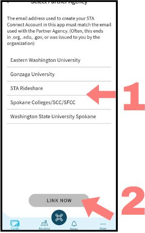 Screenshot of the STA Connect app partner agency list.