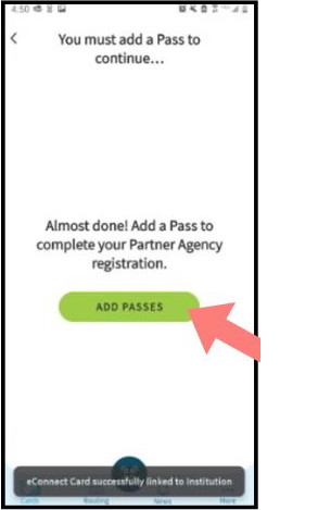 Screenshot of the STA Connect app add passes button.