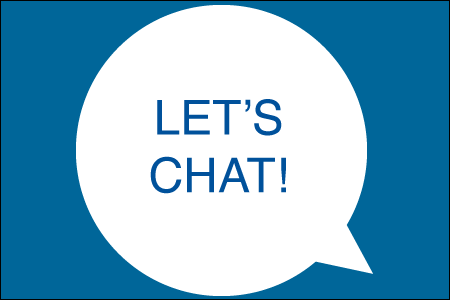 a white speech bubble with the text "let's chat!" in the center. The speech bubble has a dark blue background