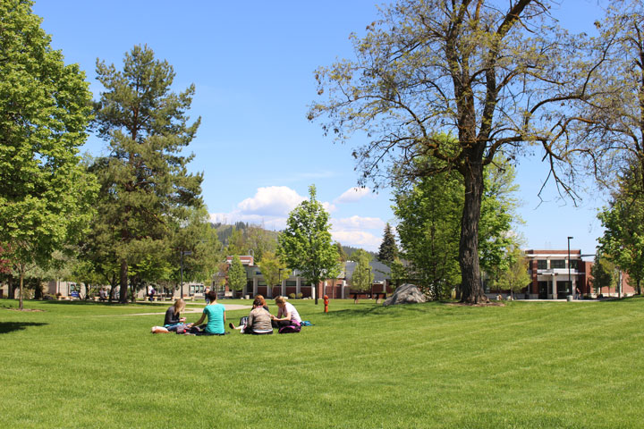 Students sitting on grass near Jenkins Wellness Center