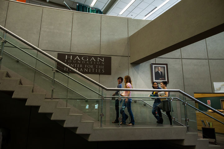 Library, stairway to upper level, Hagan Center for the Humanities