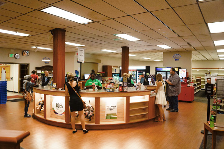 Inside the campus bookstore at the center counter