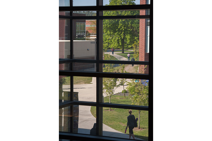 View out the upper level window of walkway to Building 5