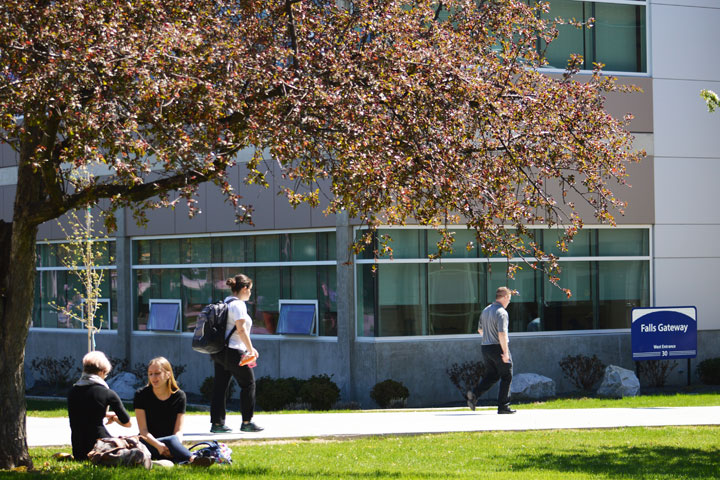 Students outside of the west entrance of Building 30