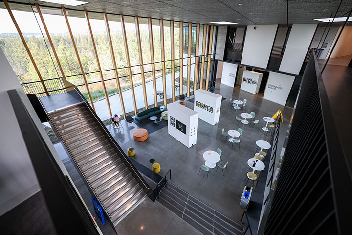 A view of the main meeting and study area taken from the second floor.