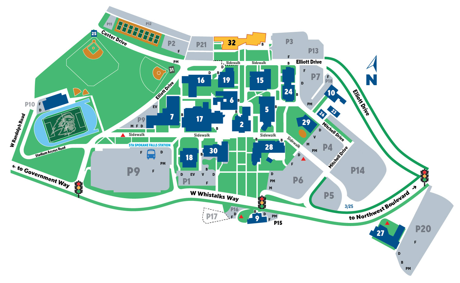 Map of Spokane Falls Community College with building 32 highlighted in orange.