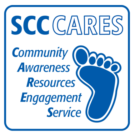 SCC CARES - Community, Awareness, Resources, Services. Bigfoot illustration.