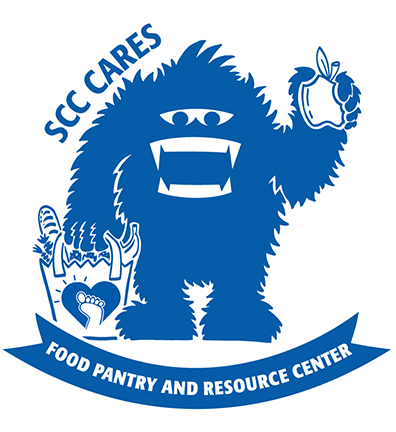 SCC Cares - Food & Resource Pantry. Skitch illustration holding an apple and grocery bag