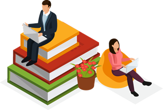 Illustration of students sitting on oversized stacks of books